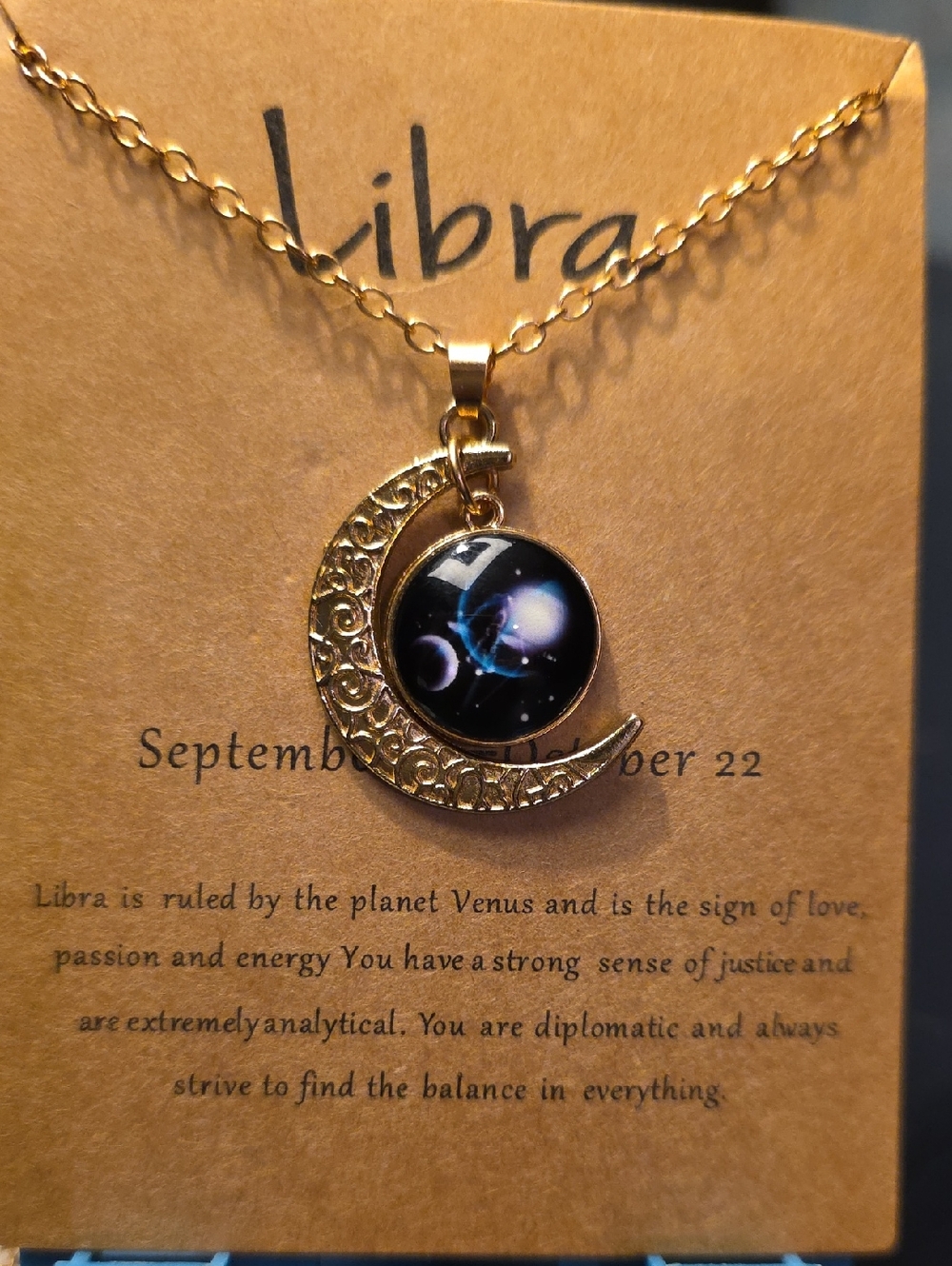 Libra Moon Pendant Necklace - Gold Tone Celestial Jewelry